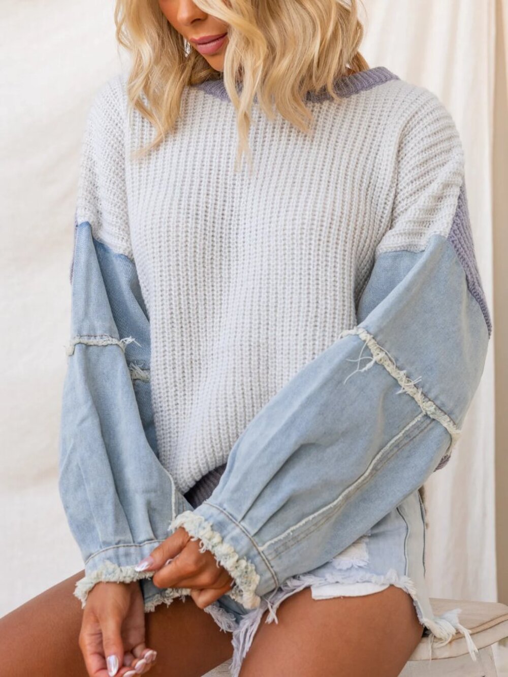 Light Blue Knit Mixed Media Sweater Denim Sleeve Country Western Retro Boho XL